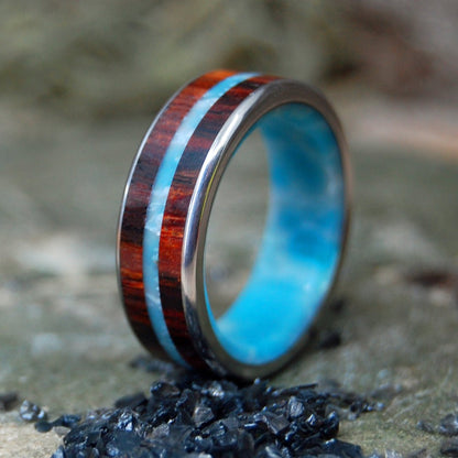 Man From The Sea | Men's Cocobolo Wood, Larimar Stone & Titanium Wedding Ring - Minter and Richter Designs