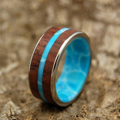 Man From The Sea | Men's Cocobolo Wood, Larimar Stone & Titanium Wedding Ring - Minter and Richter Designs