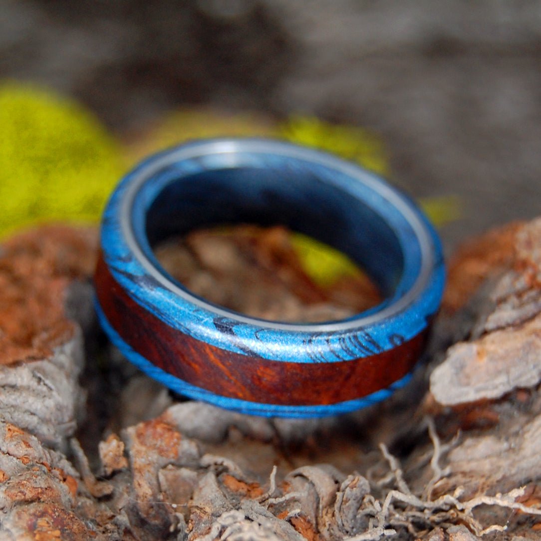 Manzanita Greek God | Men's Manzanita Wood, Blue & Titanium Wedding Ring - Minter and Richter Designs