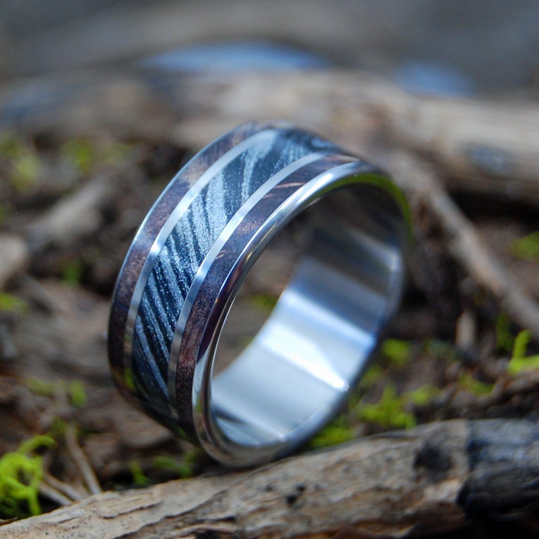 Maple Silver Lining | Men's Dark Maple Wood, Black Silver M3 Mokume Gane & Titanium Wedding Ring - Minter and Richter Designs