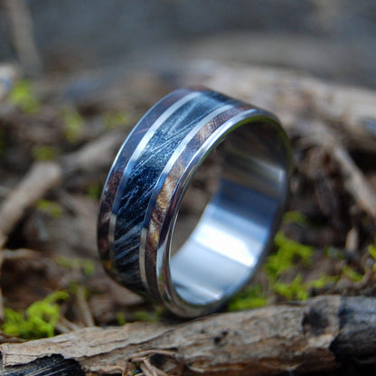 Maple Silver Lining | Men's Dark Maple Wood, Black Silver M3 Mokume Gane & Titanium Wedding Ring - Minter and Richter Designs