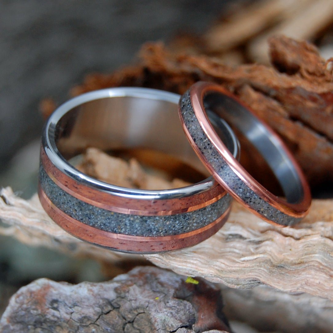 Meet Me At Delmar Beach | Amboyna Burl & Beach Sand Titanium Wedding Ring Set - Minter and Richter Designs