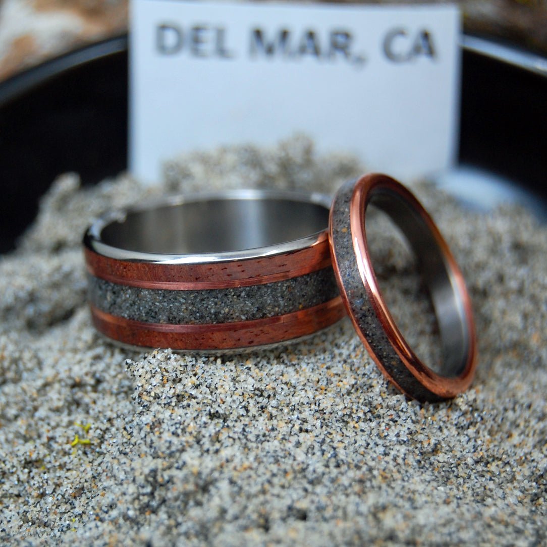 Meet Me At Delmar Beach | Amboyna Burl & Beach Sand Titanium Wedding Ring Set - Minter and Richter Designs