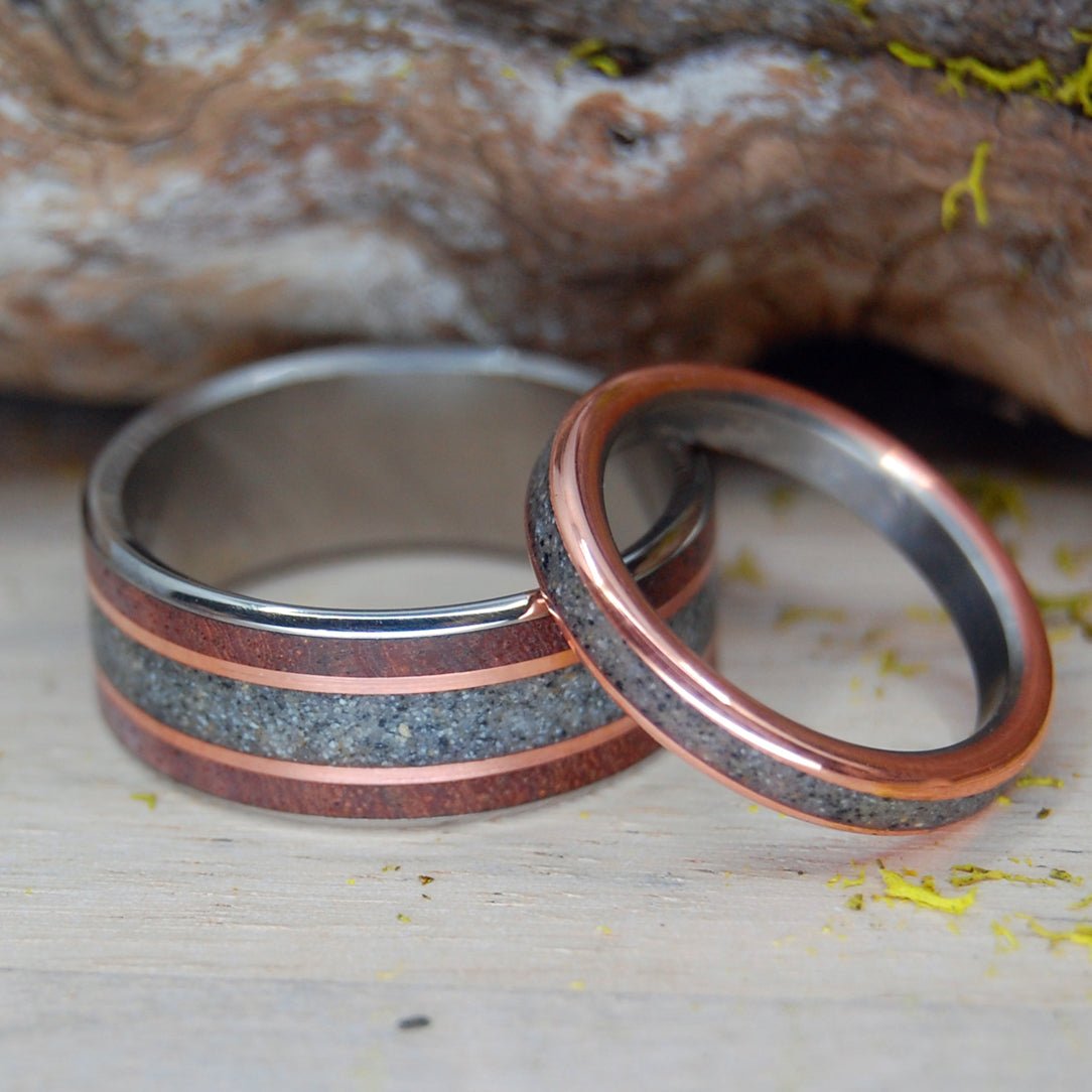 Meet Me At Delmar Beach | Amboyna Burl & Beach Sand Titanium Wedding Ring Set - Minter and Richter Designs