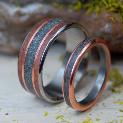 Meet Me At Delmar Beach | Amboyna Burl & Beach Sand Titanium Wedding Ring Set - Minter and Richter Designs