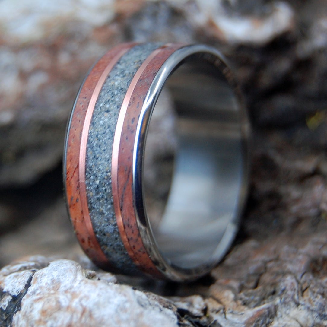 Meet Me At Delmar Beach | Men's Amboyna Burl, Beach Sand & Titanium Wedding Ring - Minter and Richter Designs