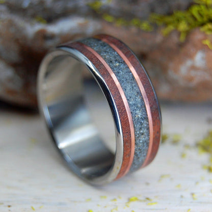 Meet Me At Delmar Beach | Men's Amboyna Burl, Beach Sand & Titanium Wedding Ring - Minter and Richter Designs