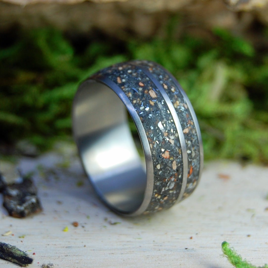 Meteorite Hits Fenway | Men's Meteorite, Kaanapali Maui Beach Sand, Fenway Park Pitcher Mound Dirt & Titanium Wedding Ring - Minter and Richter Designs