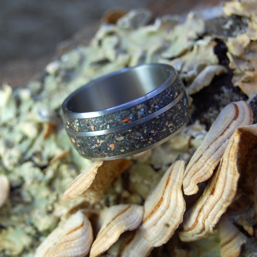 Meteorite Hits Fenway | Men's Meteorite, Kaanapali Maui Beach Sand, Fenway Park Pitcher Mound Dirt & Titanium Wedding Ring - Minter and Richter Designs