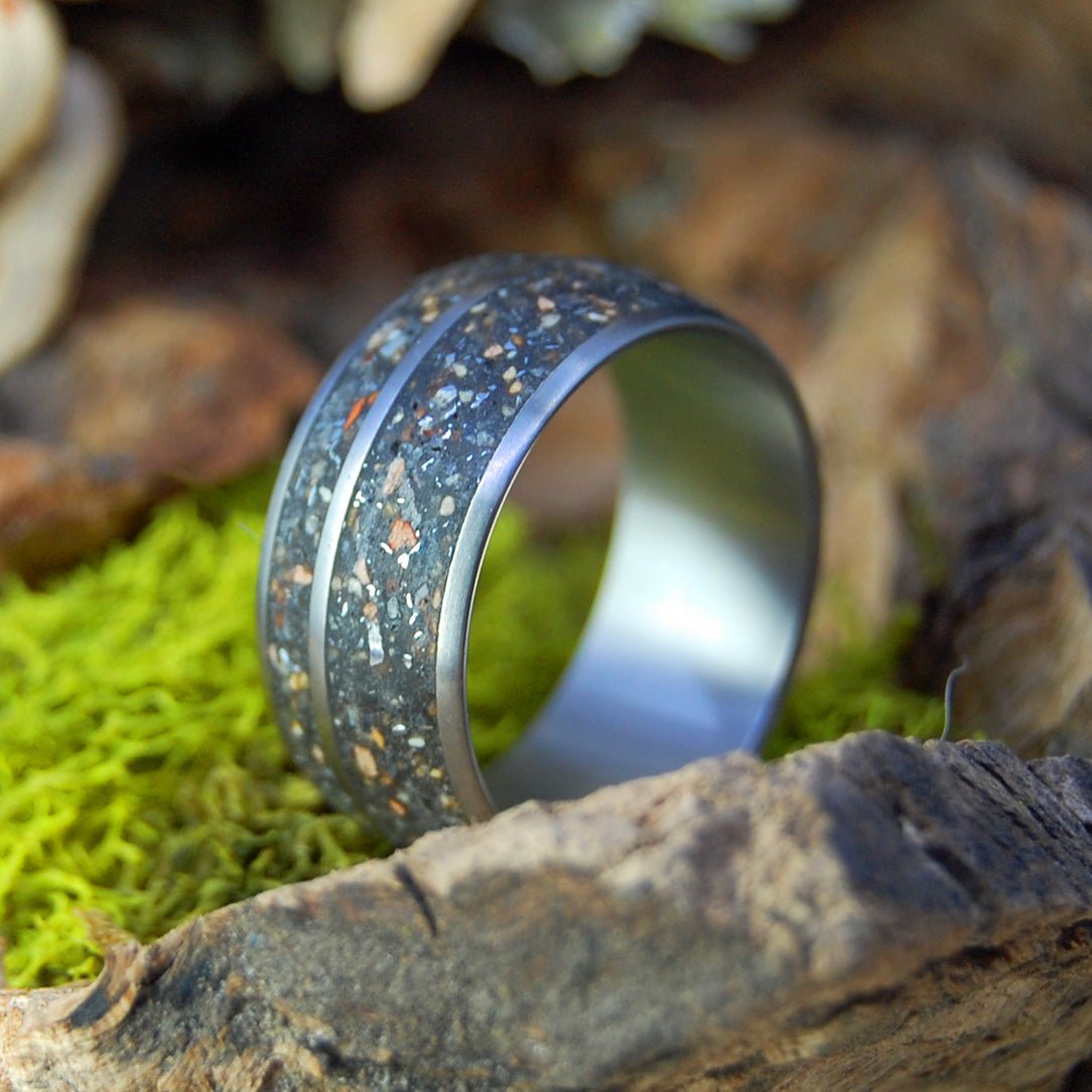 Meteorite Hits Fenway | Men's Meteorite, Kaanapali Maui Beach Sand, Fenway Park Pitcher Mound Dirt & Titanium Wedding Ring - Minter and Richter Designs