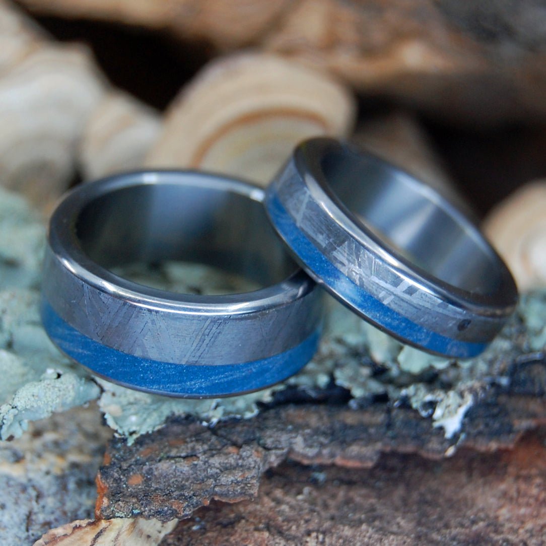 Meteorite Hits The Sea | Meteorite & Blue Silver Mokume Gane M3 - Titanium Men's Wedding Ring Set - Minter and Richter Designs