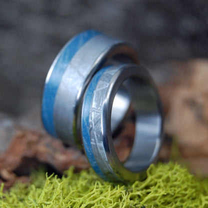 Meteorite Hits The Sea | Meteorite & Blue Silver Mokume Gane M3 - Titanium Men's Wedding Ring Set - Minter and Richter Designs