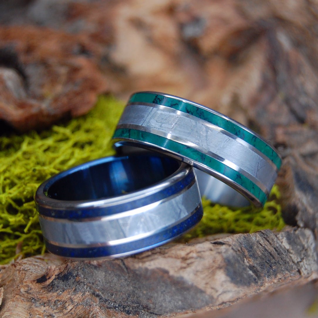 Meteorite So Hot And Midnight Set | Meteorite & Jade & Beach Sand Titanium Wedding Ring Set - Minter and Richter Designs