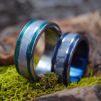 Meteorite So Hot And Midnight Set | Meteorite & Jade & Beach Sand Titanium Wedding Ring Set - Minter and Richter Designs