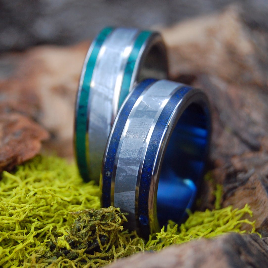 Meteorite So Hot And Midnight Set | Meteorite & Jade & Beach Sand Titanium Wedding Ring Set - Minter and Richter Designs