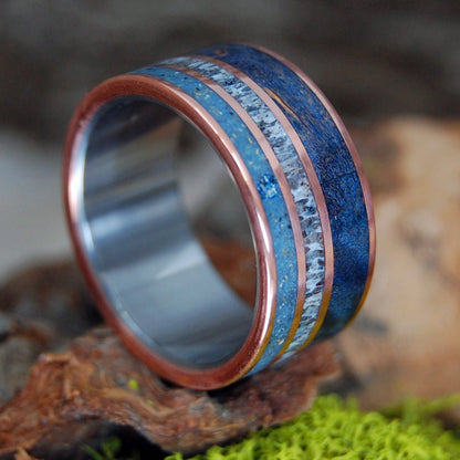 Moose King | Men's Moose Antler, Blue Maple Wood & Beach Sand Wedding Ring - Minter and Richter Designs