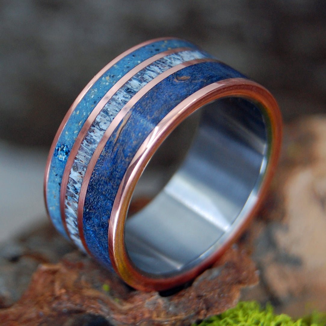 Moose King | Men's Moose Antler, Blue Maple Wood & Beach Sand Wedding Ring - Minter and Richter Designs