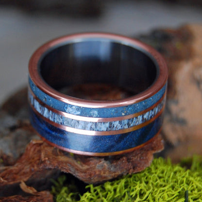 Moose King | Men's Moose Antler, Blue Maple Wood & Beach Sand Wedding Ring - Minter and Richter Designs