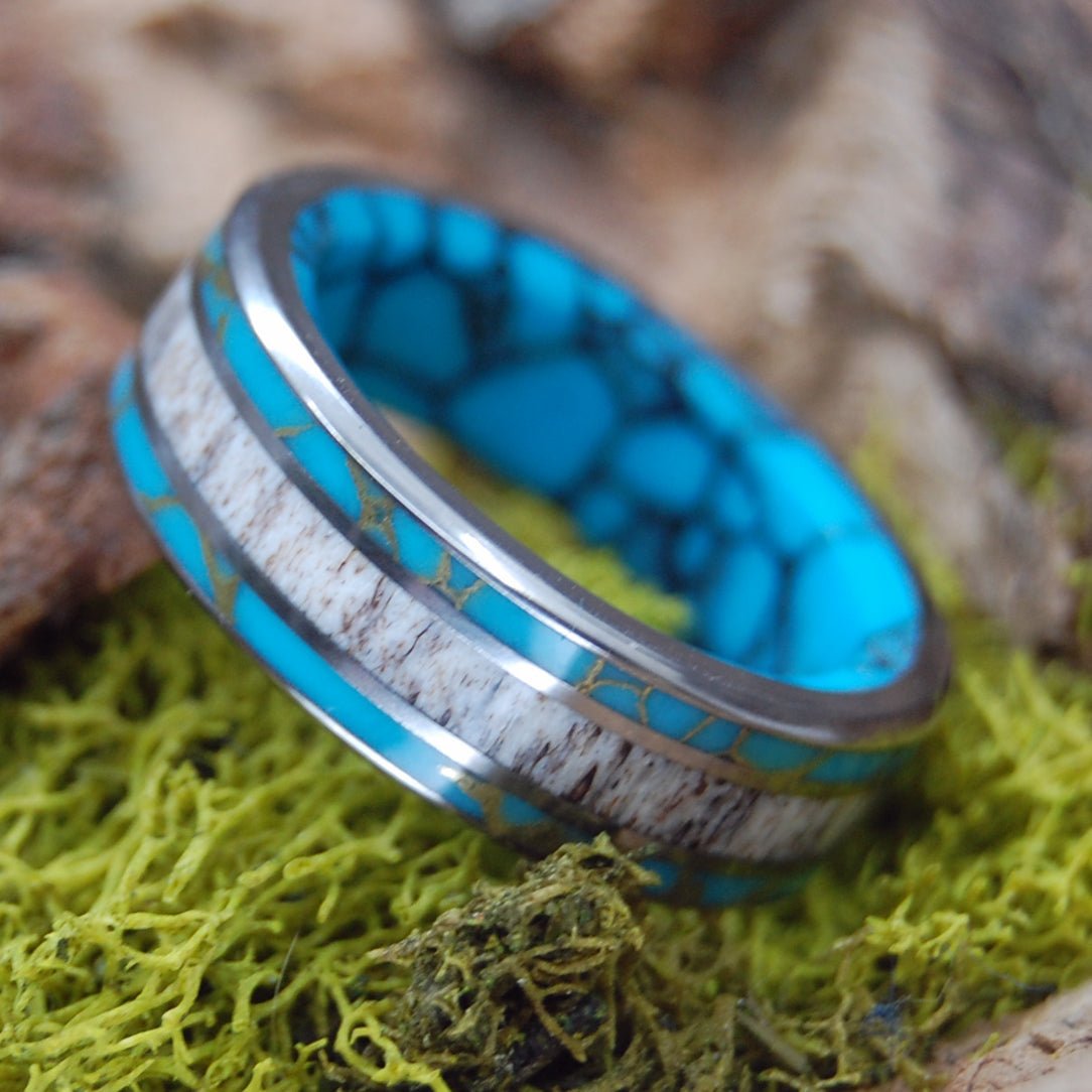 Moose Off Maine | Men's Turquoise, Moose Antler & Titanium Wedding Ring - Minter and Richter Designs