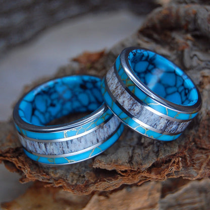 Moose Off Maine Set | Moose Antler & Turquoise - Titanium Wedding Ring Set - Minter and Richter Designs