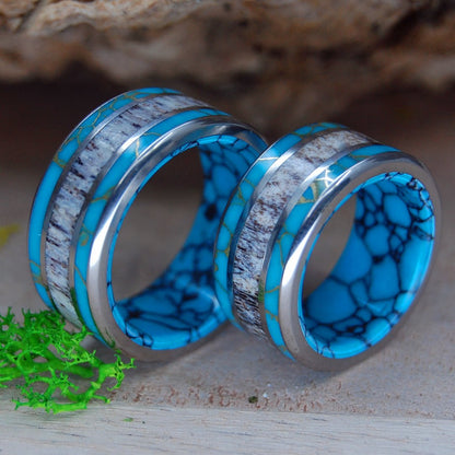 Moose Off Maine Set | Moose Antler & Turquoise - Titanium Wedding Ring Set - Minter and Richter Designs