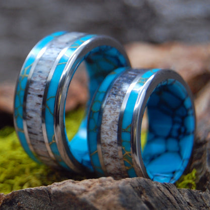 Moose Off Maine Set | Moose Antler & Turquoise - Titanium Wedding Ring Set - Minter and Richter Designs