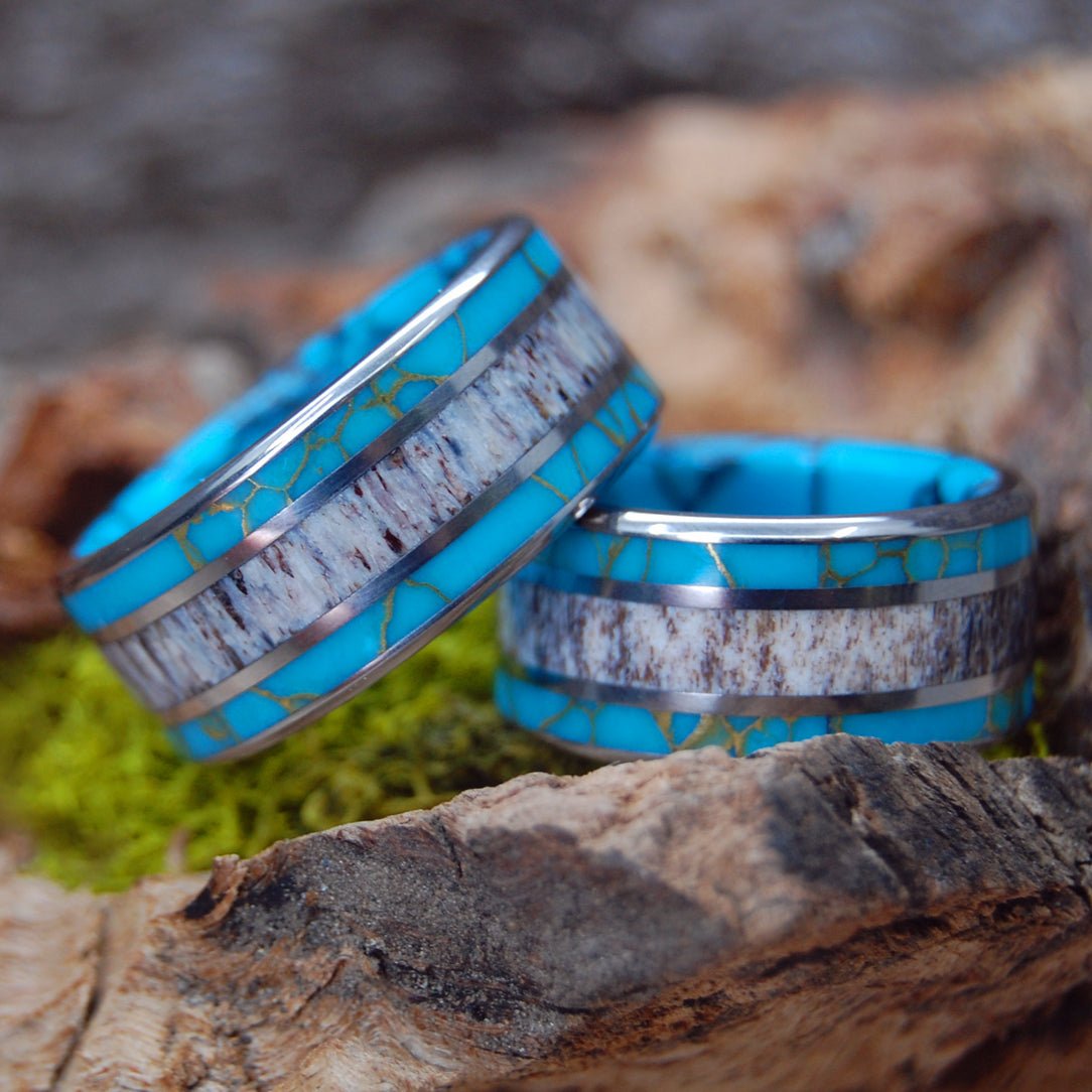 Moose Off Maine Set | Moose Antler & Turquoise - Titanium Wedding Ring Set - Minter and Richter Designs