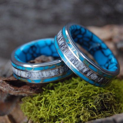 Moose Off Maine Set | Moose Antler & Turquoise - Titanium Wedding Ring Set - Minter and Richter Designs