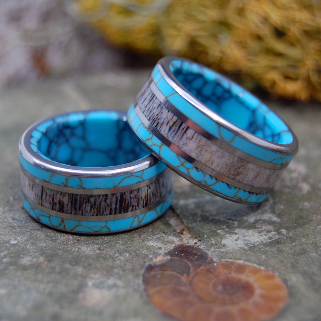 Moose Off Maine Set | Moose Antler & Turquoise - Titanium Wedding Ring Set - Minter and Richter Designs