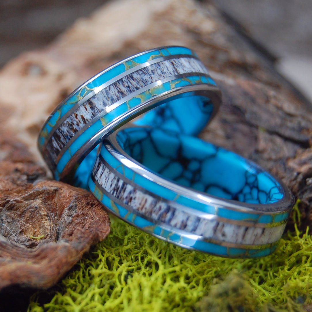 Moose Off Maine Set | Moose Antler & Turquoise - Titanium Wedding Ring Set - Minter and Richter Designs