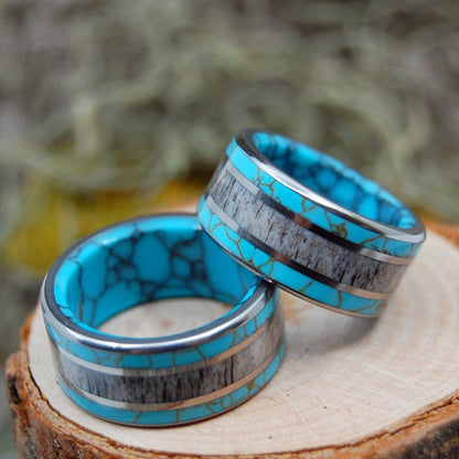 Moose Off Maine Set | Moose Antler & Turquoise - Titanium Wedding Ring Set - Minter and Richter Designs