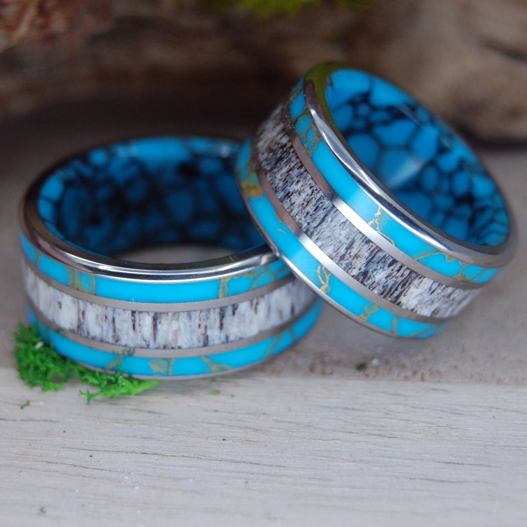 Moose Off Maine Set | Moose Antler & Turquoise - Titanium Wedding Ring Set - Minter and Richter Designs