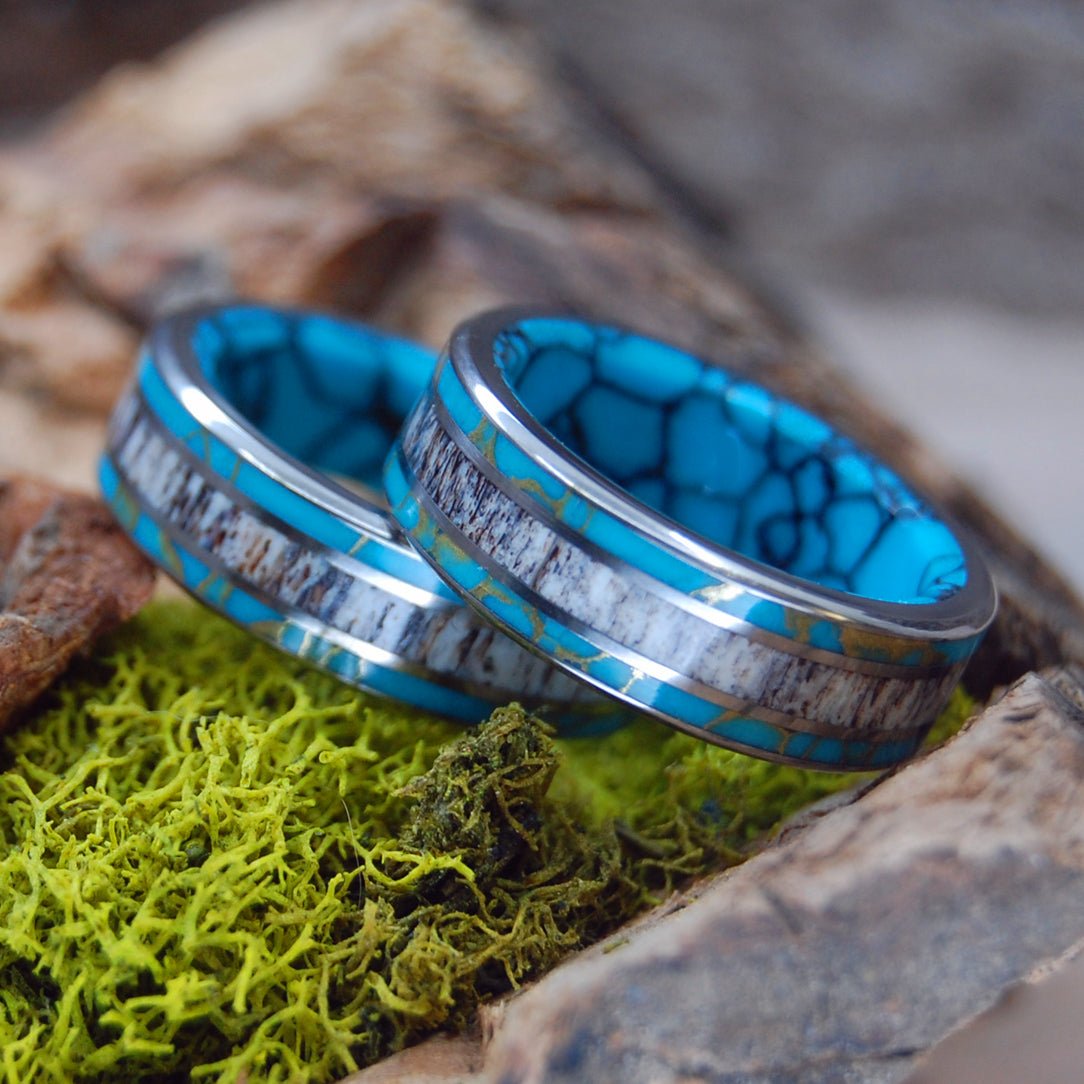 Moose Off Maine Set | Moose Antler & Turquoise - Titanium Wedding Ring Set - Minter and Richter Designs