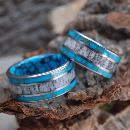 Moose Off Maine Set | Moose Antler & Turquoise - Titanium Wedding Ring Set - Minter and Richter Designs