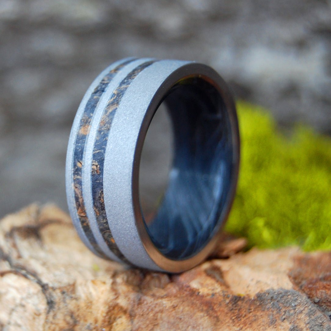 Mr. Sandman | Men's Box Elder Wood, Mokume Gane & Titanium Wedding Ring - Minter and Richter Designs