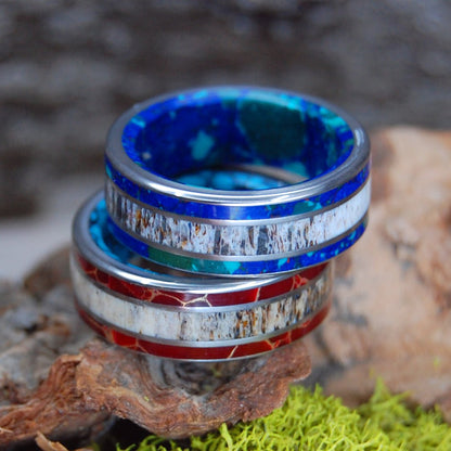 Multi Stone Moose Off Maine Set | Moose Antler & Turquoise, Red Jasper And Spotted Azurite - Titanium Wedding Ring Set - Minter and Richter Designs