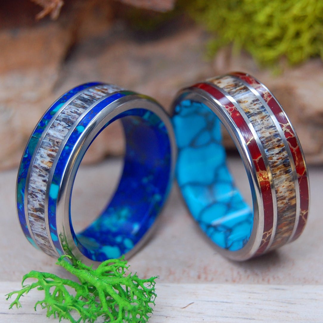 Multi Stone Moose Off Maine Set | Moose Antler & Turquoise, Red Jasper And Spotted Azurite - Titanium Wedding Ring Set - Minter and Richter Designs