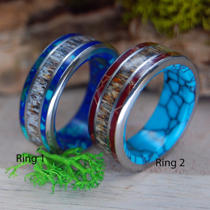 Multi Stone Moose Off Maine Set | Moose Antler & Turquoise, Red Jasper And Spotted Azurite - Titanium Wedding Ring Set - Minter and Richter Designs