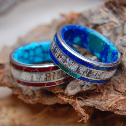 Multi Stone Moose Off Maine Set | Moose Antler & Turquoise, Red Jasper And Spotted Azurite - Titanium Wedding Ring Set - Minter and Richter Designs