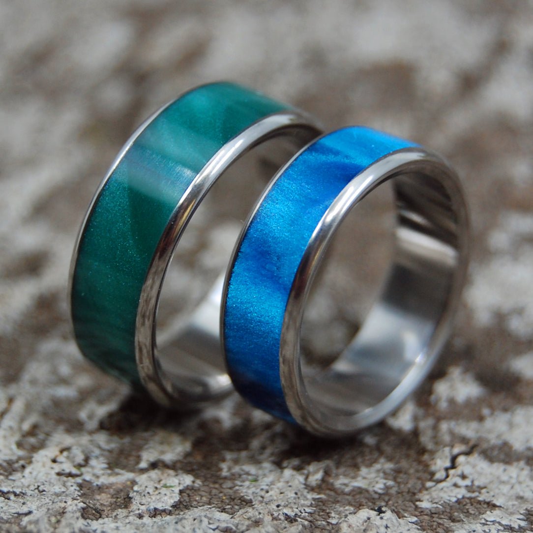 My Green To Your Blue | Blue And Green Marbled Opalescent - Titanium Wedding Ring Set - Blue Wedding Ring - Minter and Richter Designs