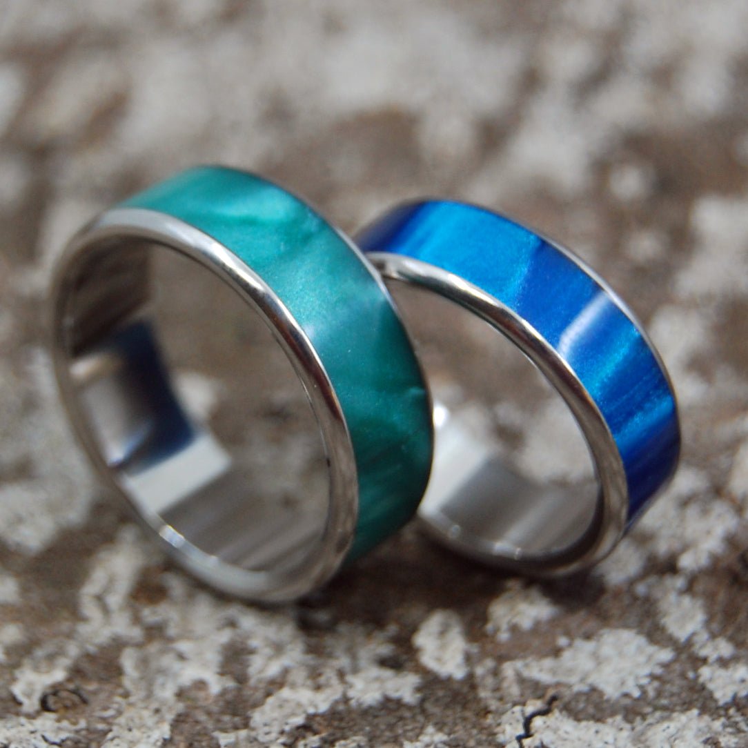 My Green To Your Blue | Blue And Green Marbled Opalescent - Titanium Wedding Ring Set - Blue Wedding Ring - Minter and Richter Designs