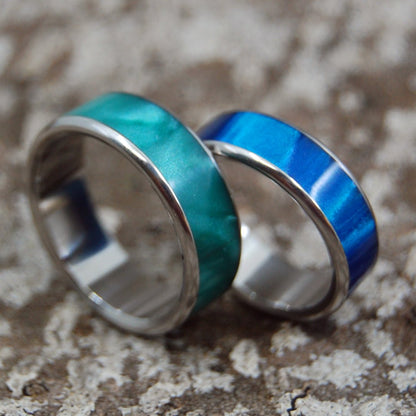 My Green To Your Blue | Blue And Green Marbled Opalescent - Titanium Wedding Ring Set - Blue Wedding Ring - Minter and Richter Designs