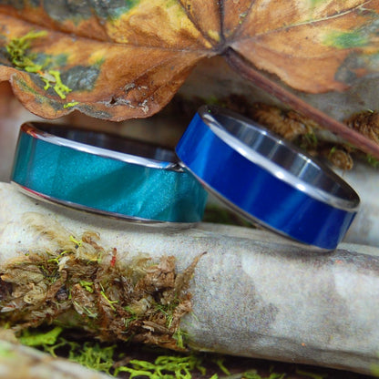 My Green To Your Blue | Blue And Green Marbled Opalescent - Titanium Wedding Ring Set - Blue Wedding Ring - Minter and Richter Designs