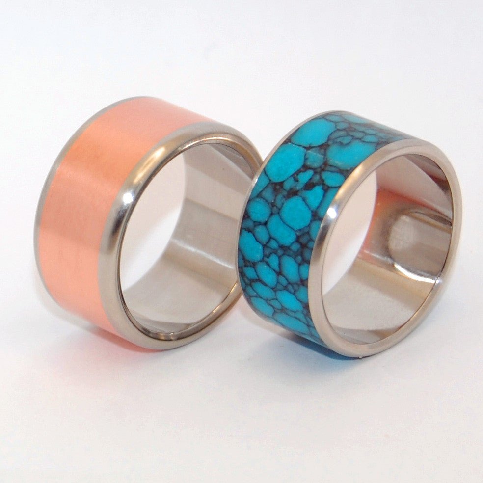 New Spin Old Earth | Copper &turquoise Stone Titanium Wedding Ring Set - Minter and Richter Designs