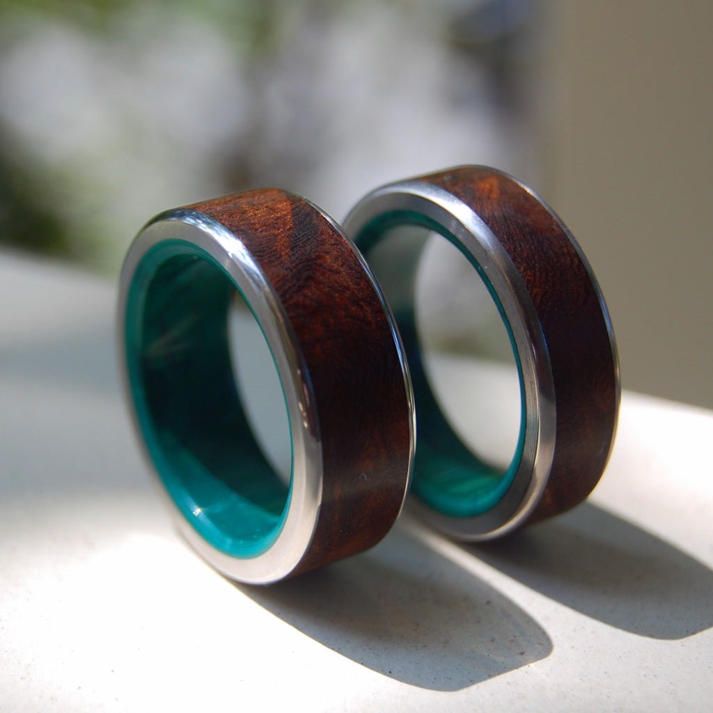 No Little Love | Desert Ironwood & Jade Stone Wedding Ring Unique Wedding Ring Set - Minter and Richter Designs