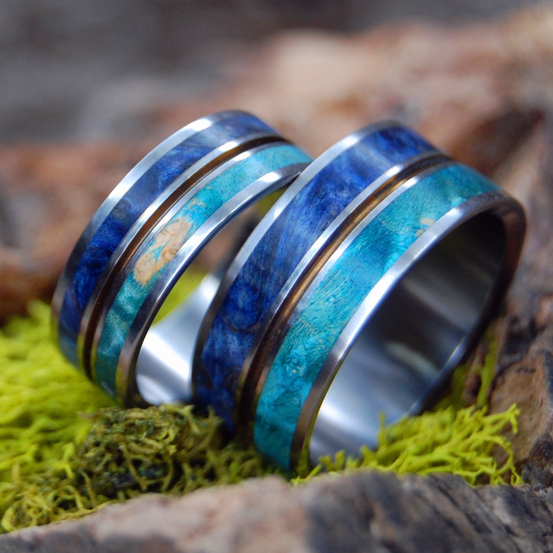 Nothing But Blue Skies | Light Blue Box Elder & Dark Blue Box Elder - Unique Wedding Ring - Wedding Ring Set - Minter and Richter Designs