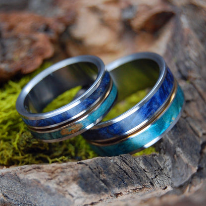 Nothing But Blue Skies | Light Blue Box Elder & Dark Blue Box Elder - Unique Wedding Ring - Wedding Ring Set - Minter and Richter Designs