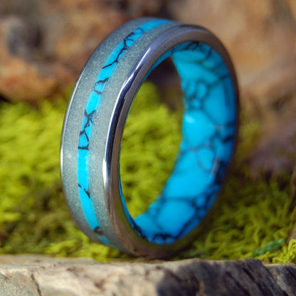 Nubble Lighthouse York, Maine | Men's Beach Sand, Turquoise & Titanium Wedding Ring - Minter and Richter Designs