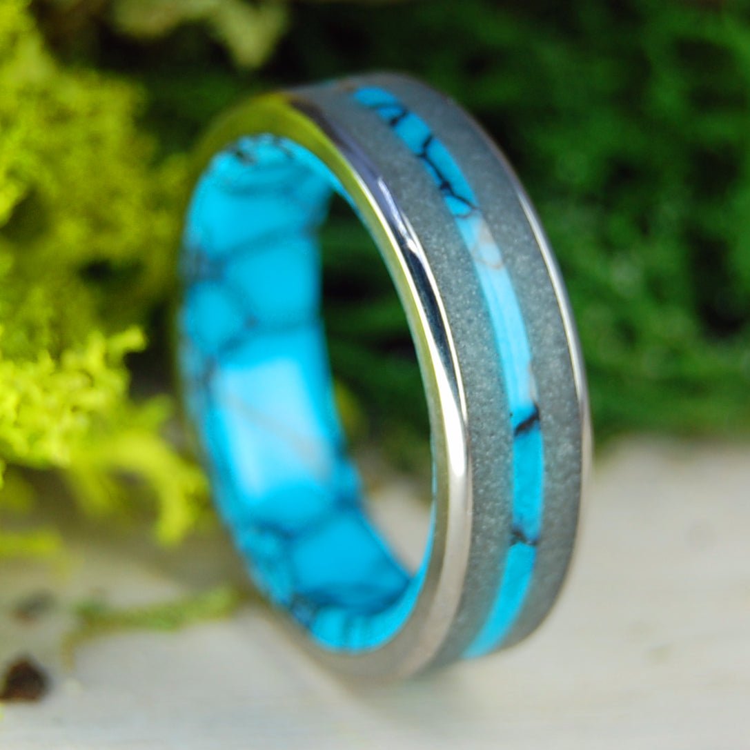 Nubble Lighthouse York, Maine | Men's Beach Sand, Turquoise & Titanium Wedding Ring - Minter and Richter Designs