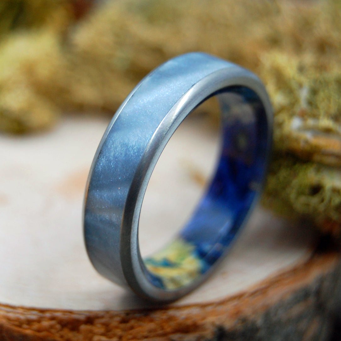 Oceania | Men's Gray Marbled Opalescent, Dark Blue Box Elder Wood & Titanium Wedding Ring - Minter and Richter Designs